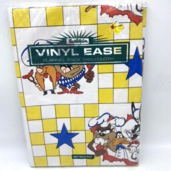 NEW Town & Country Vinyl Ease Tablecloth Looney Tunes 60" Round Yellow White Vtg - Picture 1 of 4